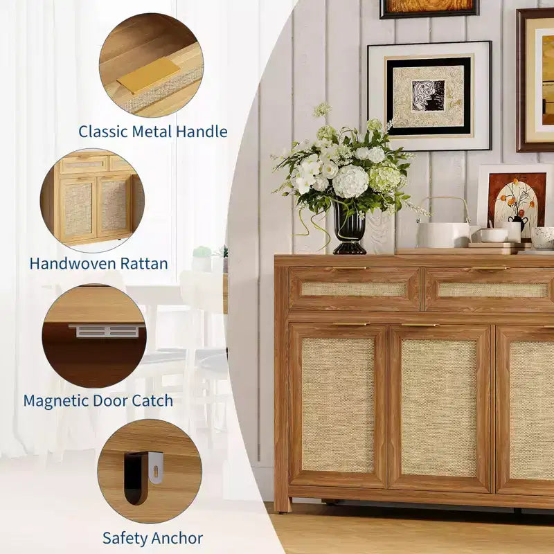 63 Sideboard Buffet Cabinet, Rattan Coffee Bar Cabinet with 3 Drawers, Wooden Media Console Table, Accent Credenza for Living Room Kitchen