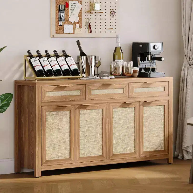 63 Sideboard Buffet Cabinet, Rattan Coffee Bar Cabinet with 3 Drawers, Wooden Media Console Table, Accent Credenza for Living Room Kitchen