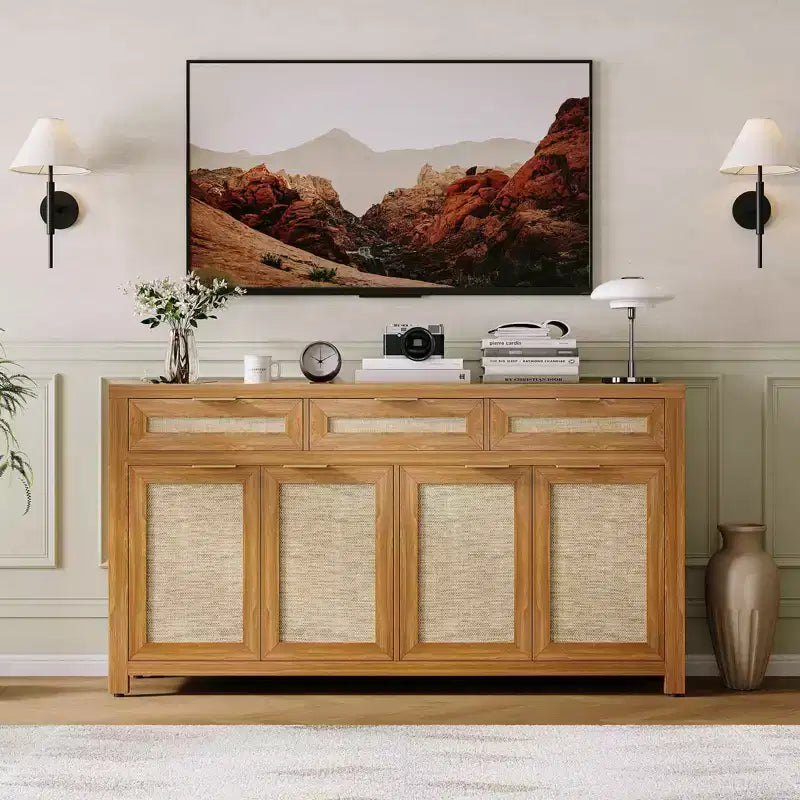 63 Sideboard Buffet Cabinet, Rattan Coffee Bar Cabinet with 3 Drawers, Wooden Media Console Table, Accent Credenza for Living Room Kitchen