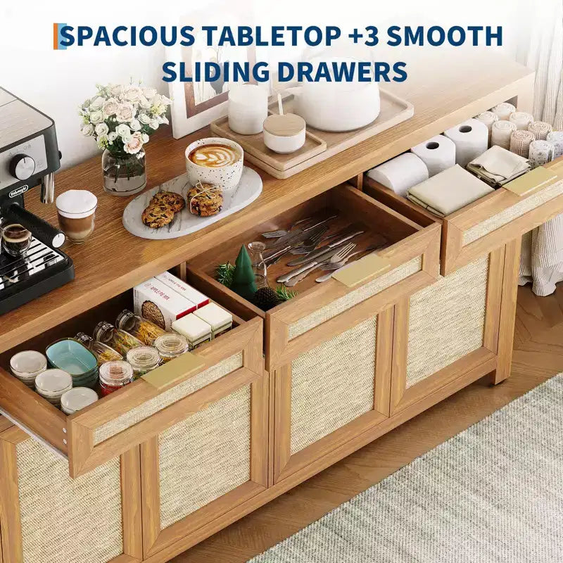 63 Sideboard Buffet Cabinet, Rattan Coffee Bar Cabinet with 3 Drawers, Wooden Media Console Table, Accent Credenza for Living Room Kitchen