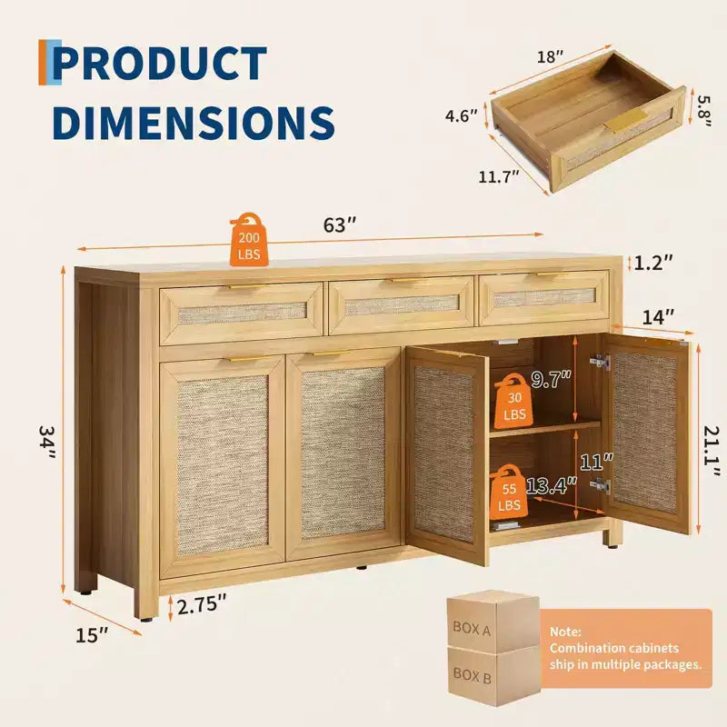 63 Sideboard Buffet Cabinet, Rattan Coffee Bar Cabinet with 3 Drawers, Wooden Media Console Table, Accent Credenza for Living Room Kitchen