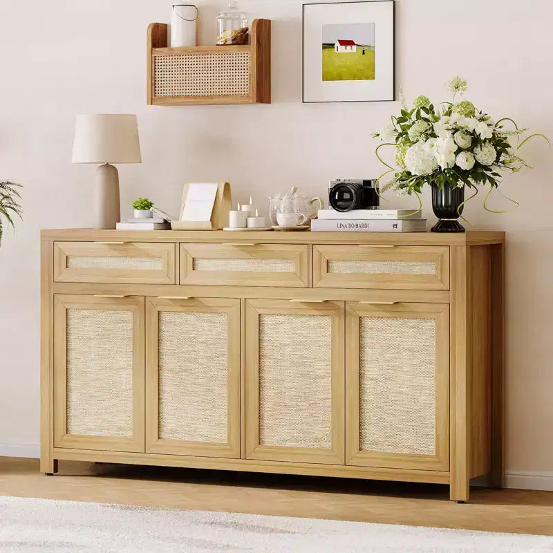 63 Sideboard Buffet Cabinet, Rattan Coffee Bar Cabinet with 3 Drawers, Wooden Media Console Table, Accent Credenza for Living Room Kitchen
