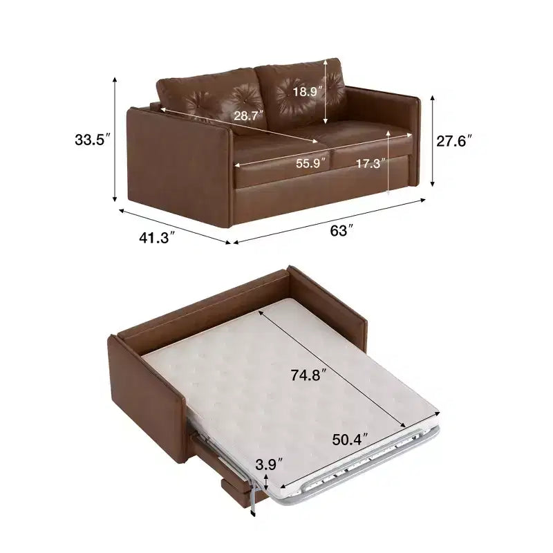 63 Modern Sleeper Sofa Bed, Oil Wax Leather Couch with High-Density Foam Cushions (Mattress Included)
