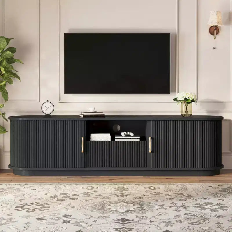 Vintage Rustic TV Stand with Sliding Wood Slatted Doors, 75 Farmhouse Fluted Media Console with Drawer (Black Wood Grain)