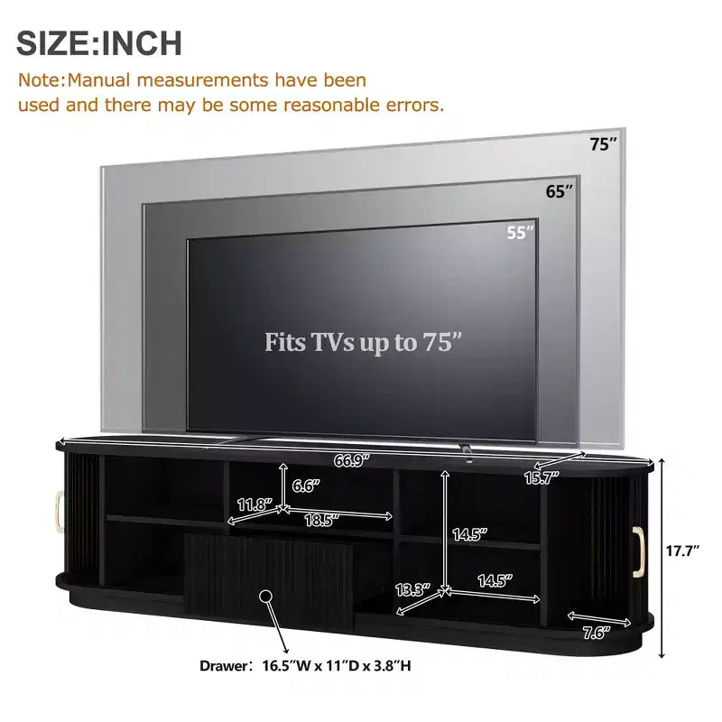 Vintage Rustic TV Stand with Sliding Wood Slatted Doors, 75 Farmhouse Fluted Media Console with Drawer (Black Wood Grain)