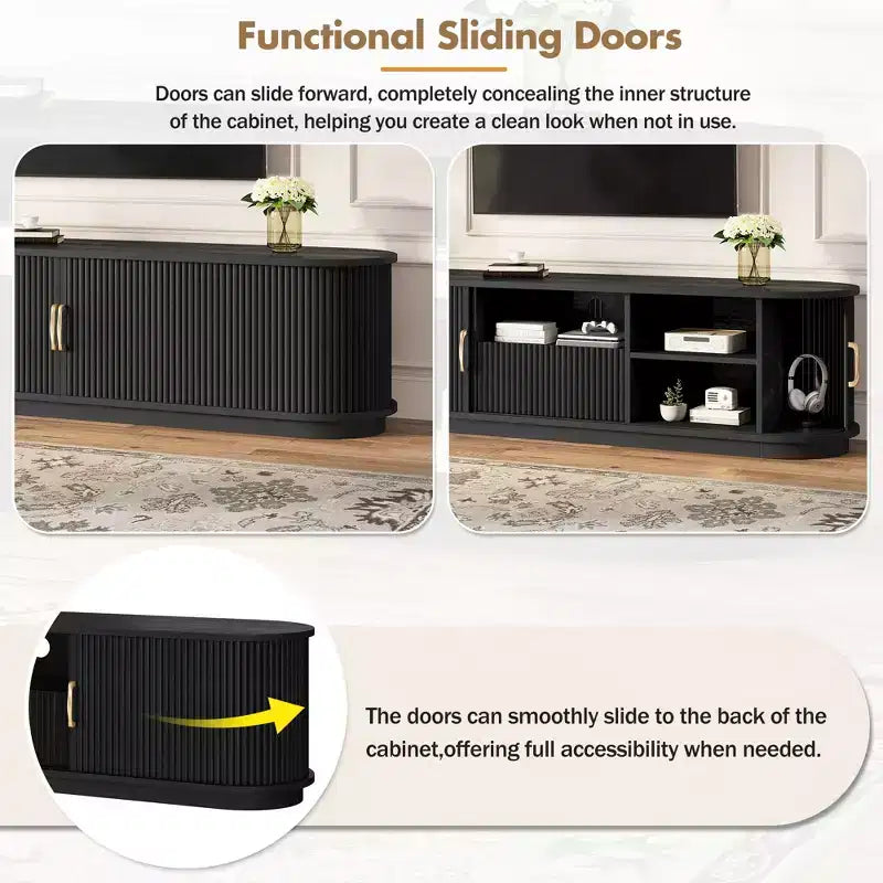 Vintage Rustic TV Stand with Sliding Wood Slatted Doors, 75 Farmhouse Fluted Media Console with Drawer (Black Wood Grain)