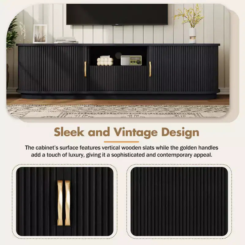 Vintage Rustic TV Stand with Sliding Wood Slatted Doors, 75 Farmhouse Fluted Media Console with Drawer (Black Wood Grain)