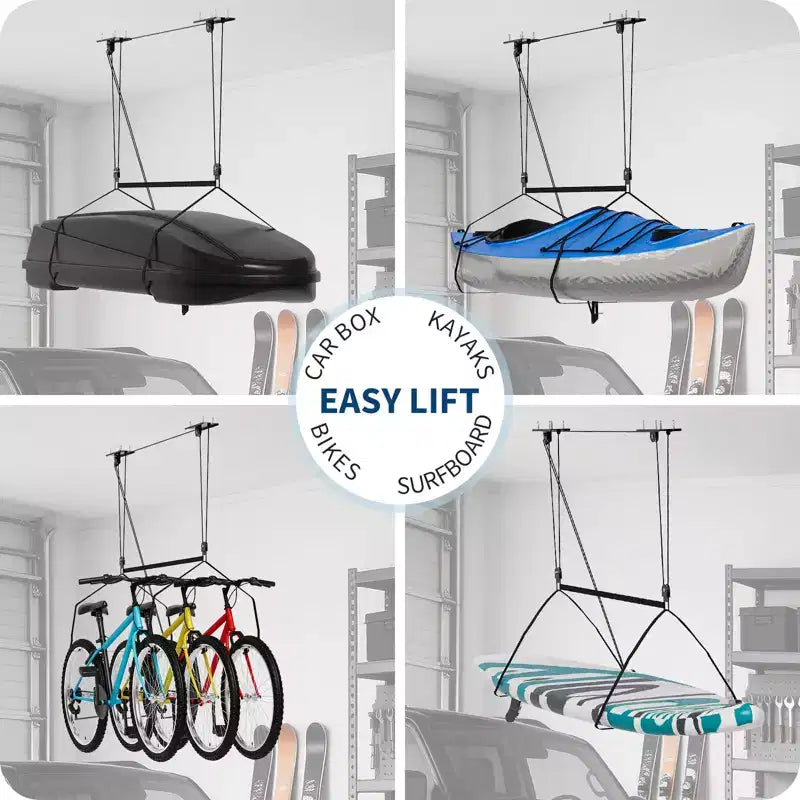 Heavy Duty Ceiling Hoist 150lb Capacity for Cargo Boxes, 8-10ft Ceilings, Overhead Storage with Adjustable Straps, 20m Ropes, Dual Pulley