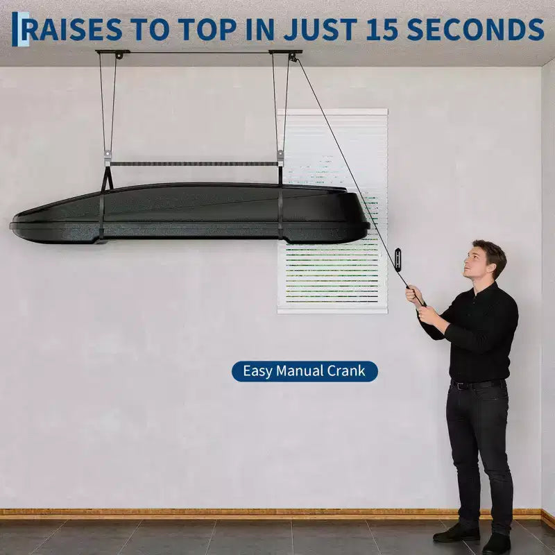 Heavy Duty Ceiling Hoist 150lb Capacity for Cargo Boxes, 8-10ft Ceilings, Overhead Storage with Adjustable Straps, 20m Ropes, Dual Pulley