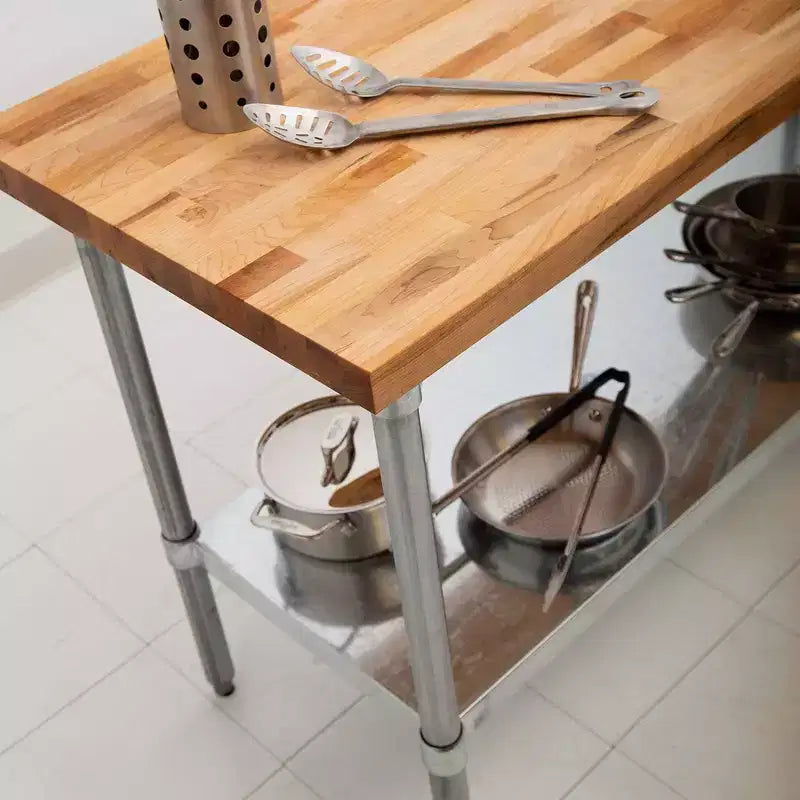 High-Quality Maple Wood Top Work Table with Adjustable Lower Shelf, 36x24x1.5 Inch, Galvanized Steel