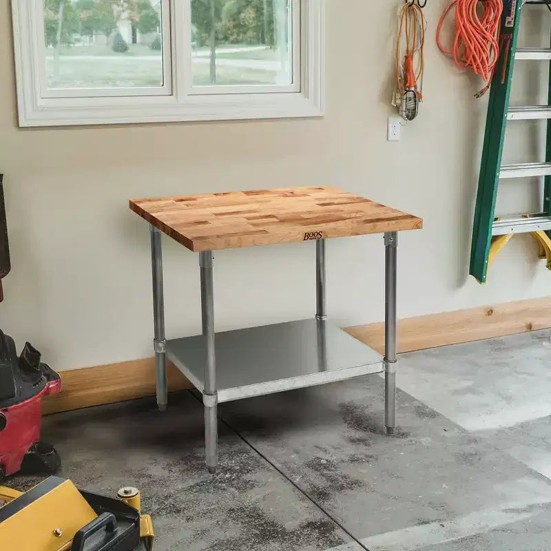 High-Quality Maple Wood Top Work Table with Adjustable Lower Shelf, 36x24x1.5 Inch, Galvanized Steel