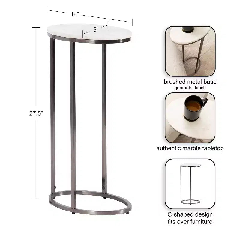 Marble Oval C-Table, White, 14x9x28 Inch