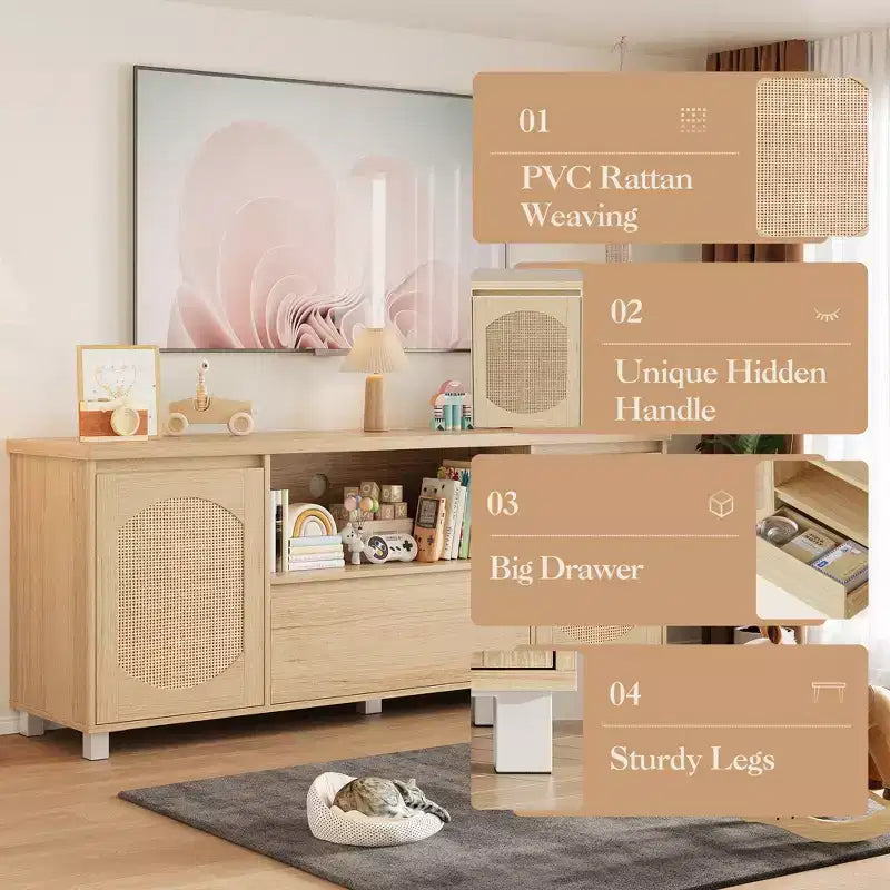 TV Stands for Living Room,Rattan TV Console Cabinet with Storage and Shelf, Boho Entertainment Center for TV up to 70'',for Living Room, Bedroom