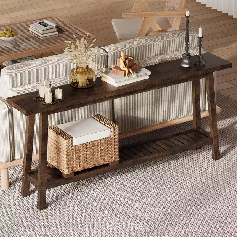 71 Inch Console Table with Storage, Extra Long Narrow Sofa Table, 2-Tier Industrial Farmhouse Entryway Table
