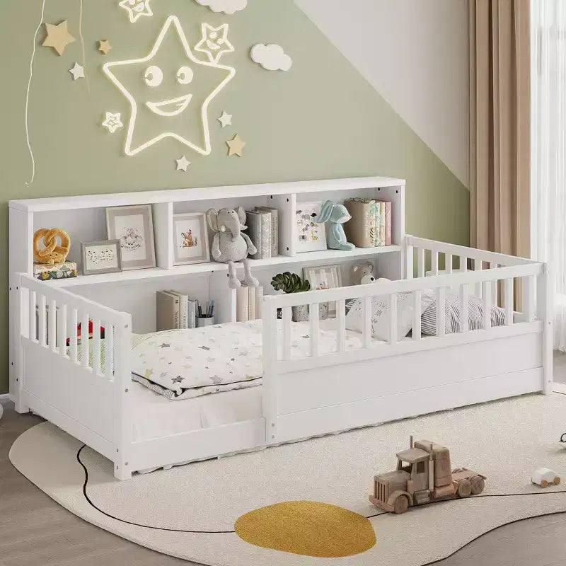 Twin Size Floor Bed with Fence Guardrail and Side Storage, Wooden Kids Montessori Bed, White