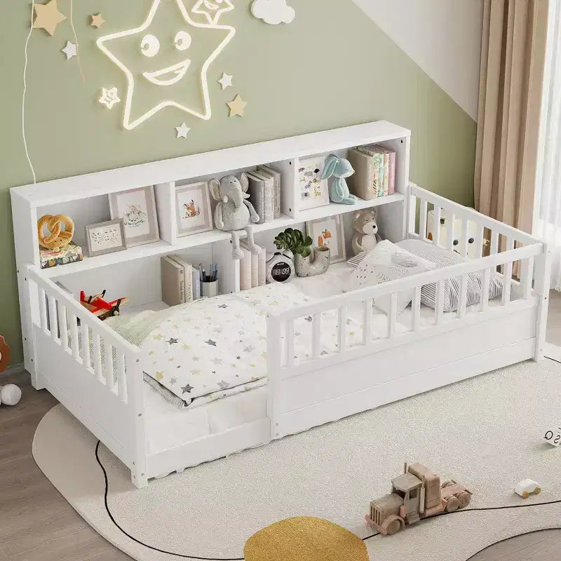 Twin Size Floor Bed with Fence Guardrail and Side Storage, Wooden Kids Montessori Bed, White