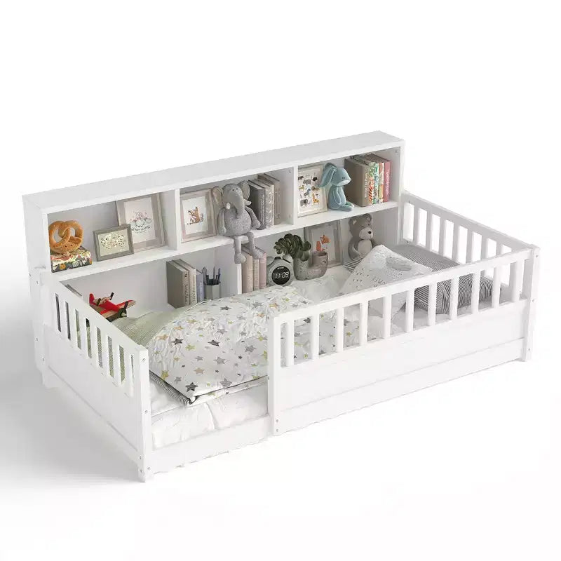Twin Size Floor Bed with Fence Guardrail and Side Storage, Wooden Kids Montessori Bed, White
