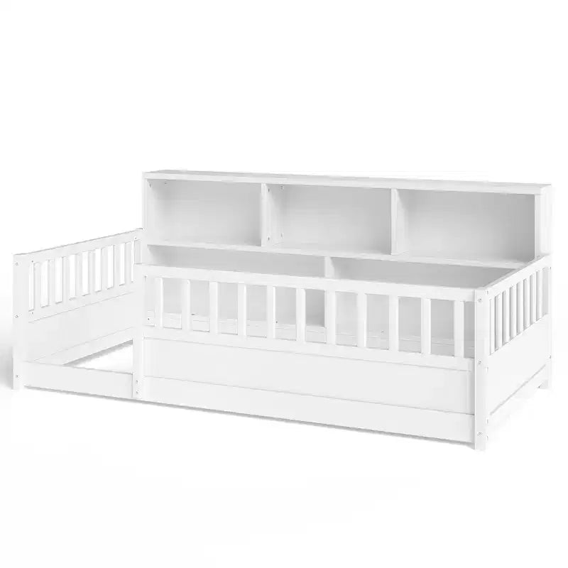Twin Size Floor Bed with Fence Guardrail and Side Storage, Wooden Kids Montessori Bed, White