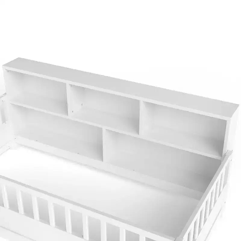 Twin Size Floor Bed with Fence Guardrail and Side Storage, Wooden Kids Montessori Bed, White