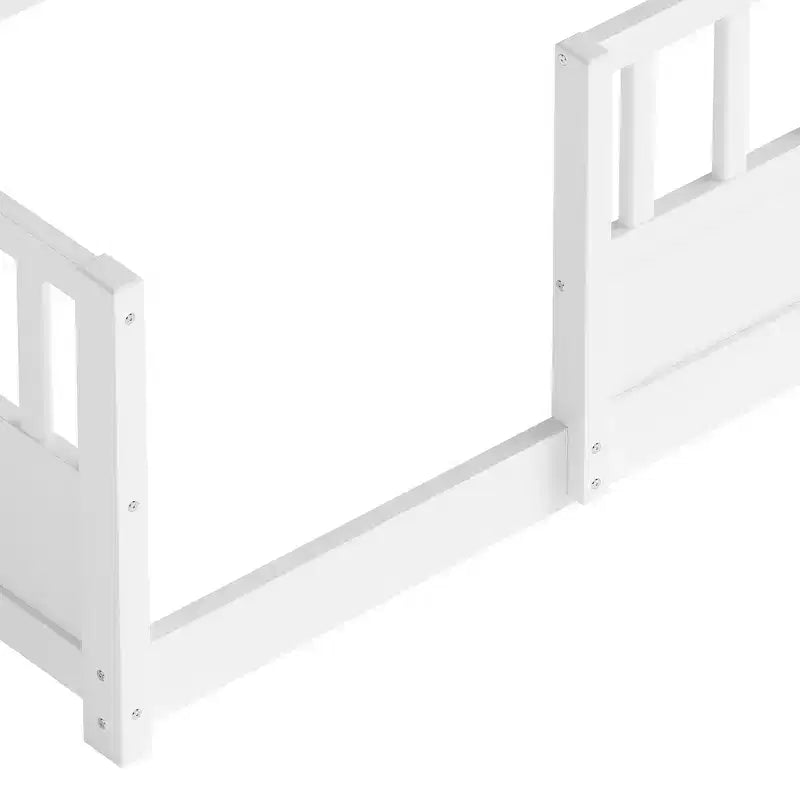 Twin Size Floor Bed with Fence Guardrail and Side Storage, Wooden Kids Montessori Bed, White