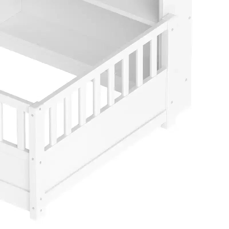 Twin Size Floor Bed with Fence Guardrail and Side Storage, Wooden Kids Montessori Bed, White