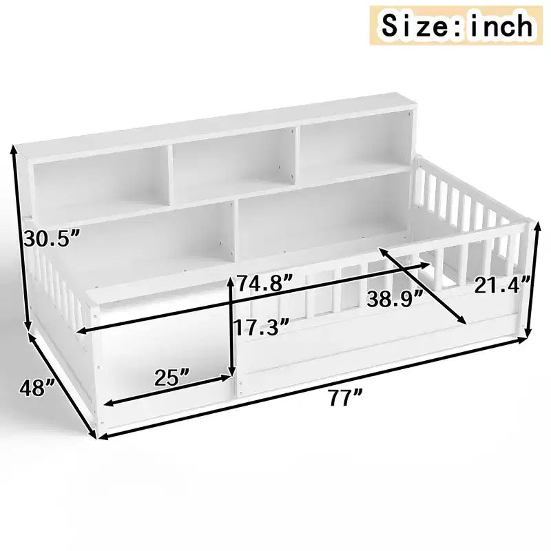 Twin Size Floor Bed with Fence Guardrail and Side Storage, Wooden Kids Montessori Bed, White