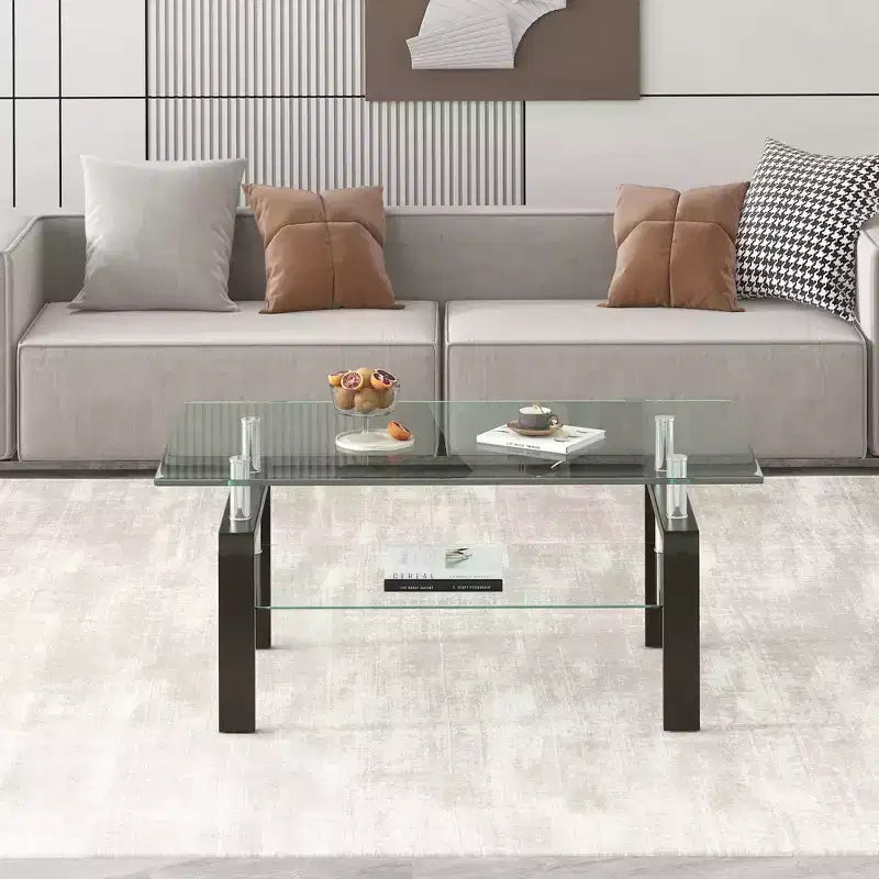 Tempered Clear Glass Coffee Table, 2-Tier Modern Center Table for Living Room