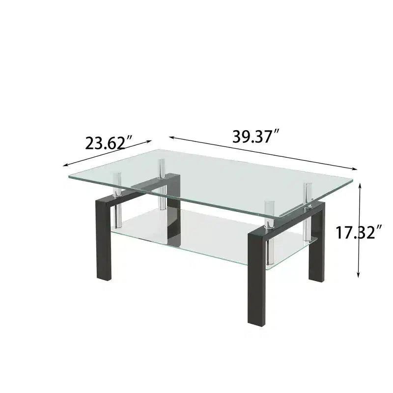 Tempered Clear Glass Coffee Table, 2-Tier Modern Center Table for Living Room