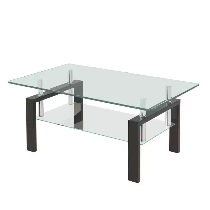 Tempered Clear Glass Coffee Table, 2-Tier Modern Center Table for Living Room