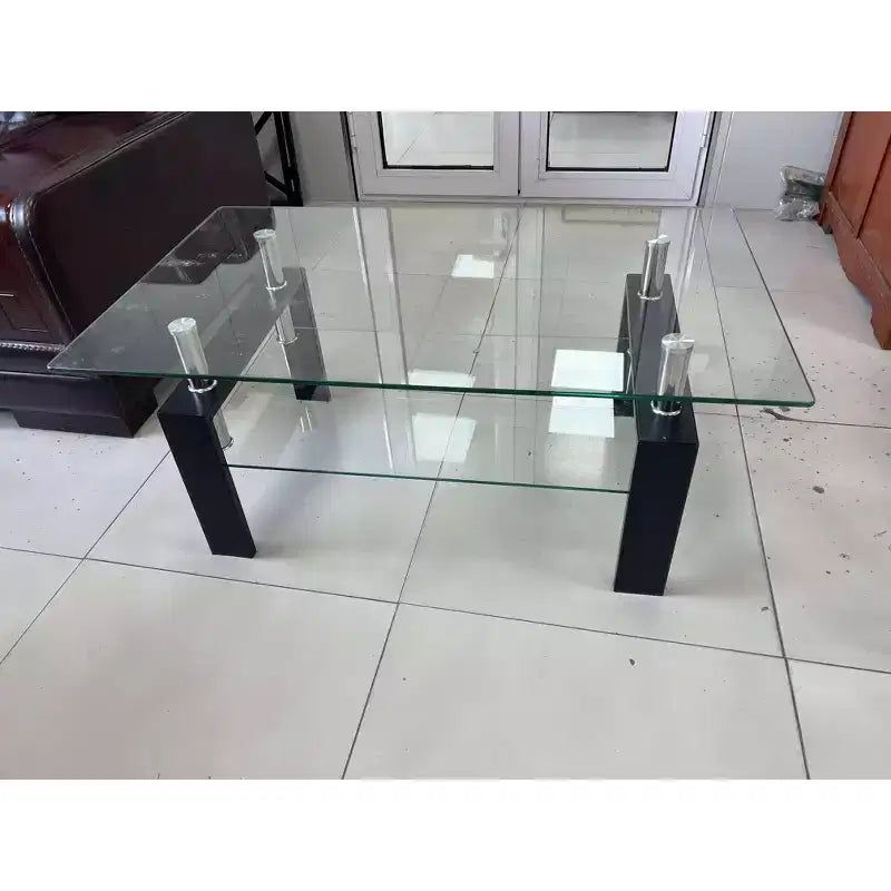 Tempered Clear Glass Coffee Table, 2-Tier Modern Center Table for Living Room