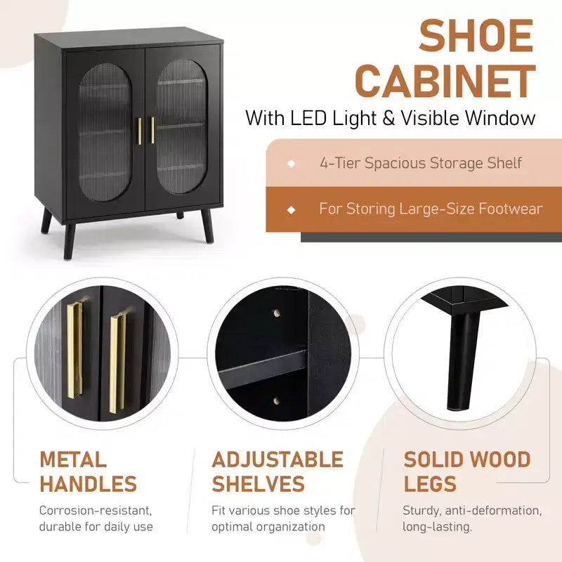 2-Door Sun Panel Elevated Shoe Cabinet with USB 7-Color LED, 4-Tier, 26.77 Inch Wide