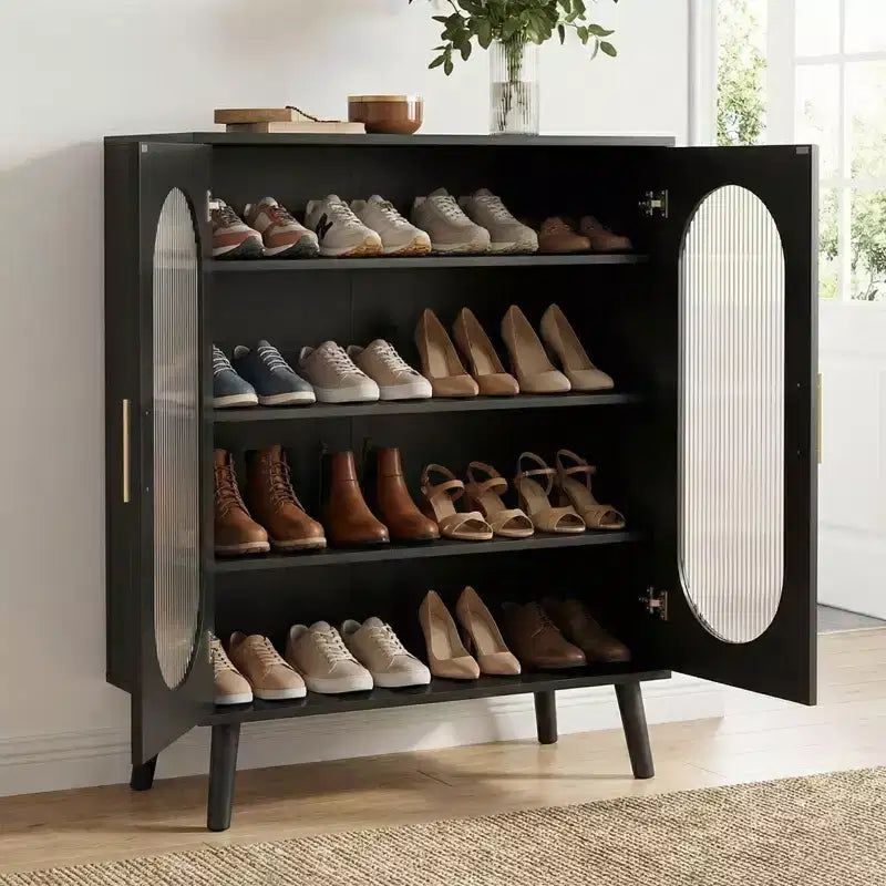 2-Door Sun Panel Elevated Shoe Cabinet with USB 7-Color LED, 4-Tier, 26.77 Inch Wide