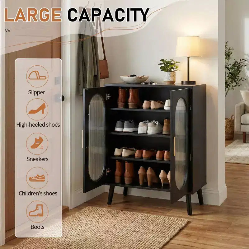 2-Door Sun Panel Elevated Shoe Cabinet with USB 7-Color LED, 4-Tier, 26.77 Inch Wide
