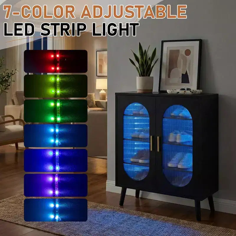 2-Door Sun Panel Elevated Shoe Cabinet with USB 7-Color LED, 4-Tier, 26.77 Inch Wide