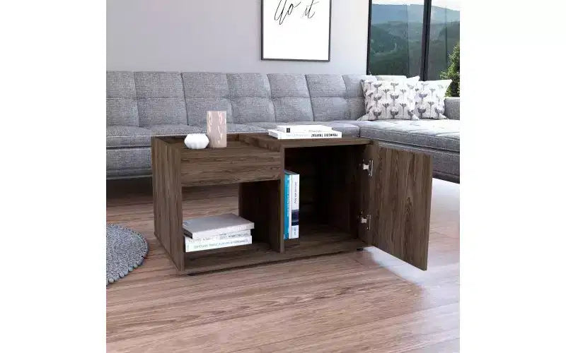 Velvet Coffee Table with Open Shelf and Single Door Cabinet